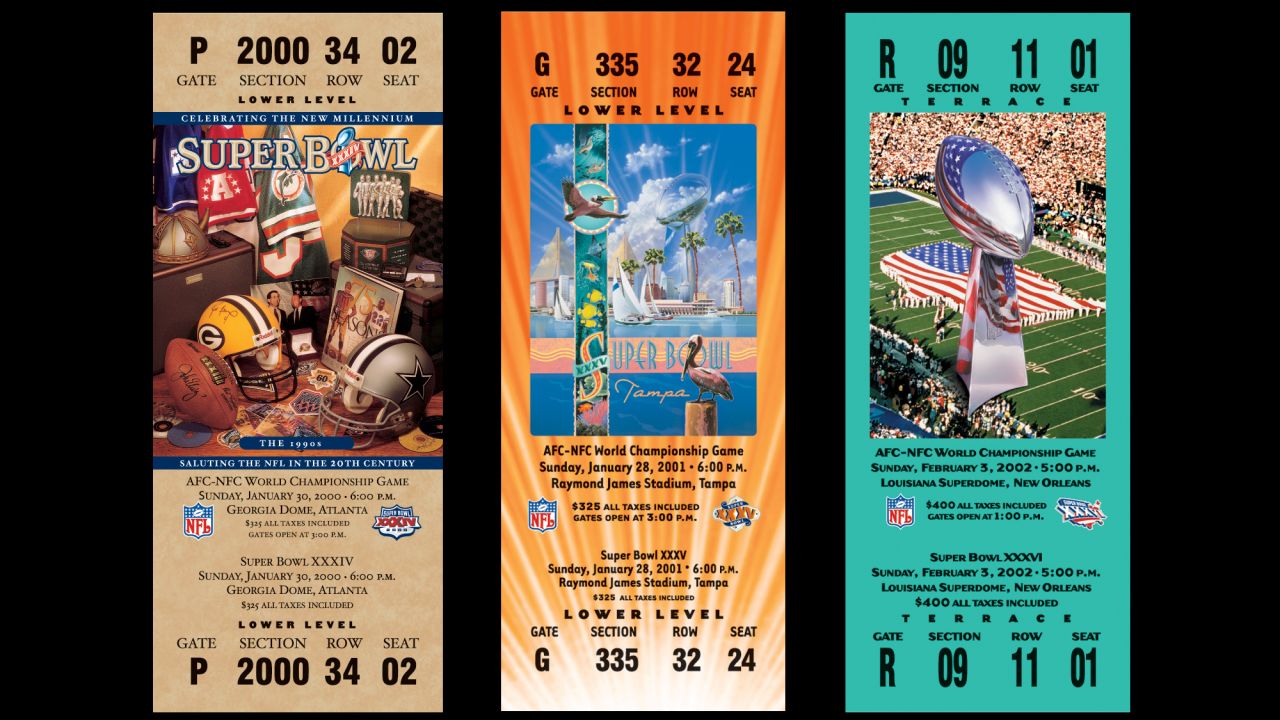 Tickets for Super Bowls XXXIV, XXXV and XXXVI.