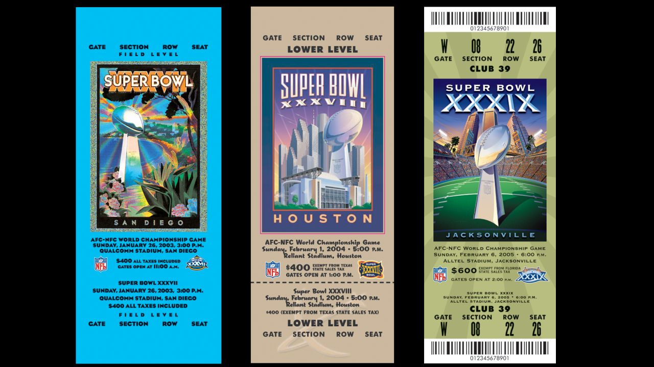 Tickets for Super Bowls XXXVII, XXXVIII and XXXIX. 