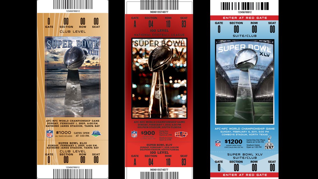 Tickets for Super Bowls XLIII, XLIV and XLV.