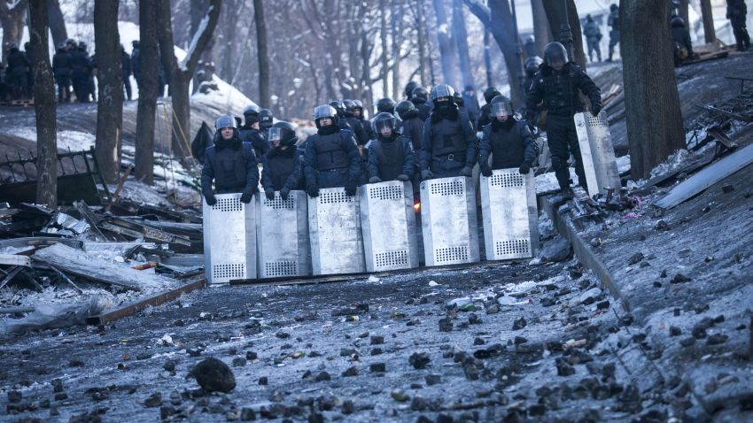 Ukrainian policemen block Grushevskogo Street on January 27, 2014 in Kiev, Ukraine.