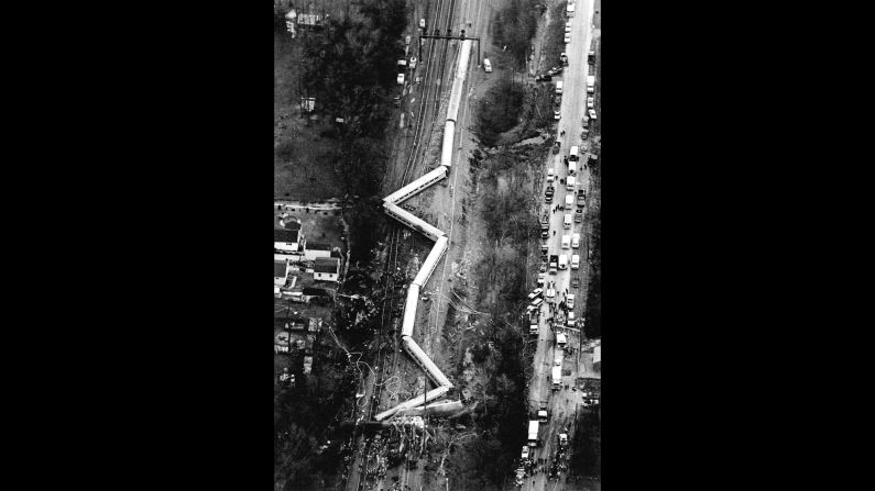 An aerial view of the damage caused in Maryland when an Amtrak train collided with three Conrail freight locomotives. More than a dozen people were killed.