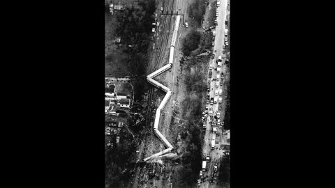 An aerial view of the damage caused in Maryland when an Amtrak train collided with three Conrail freight locomotives. More than a dozen people were killed.