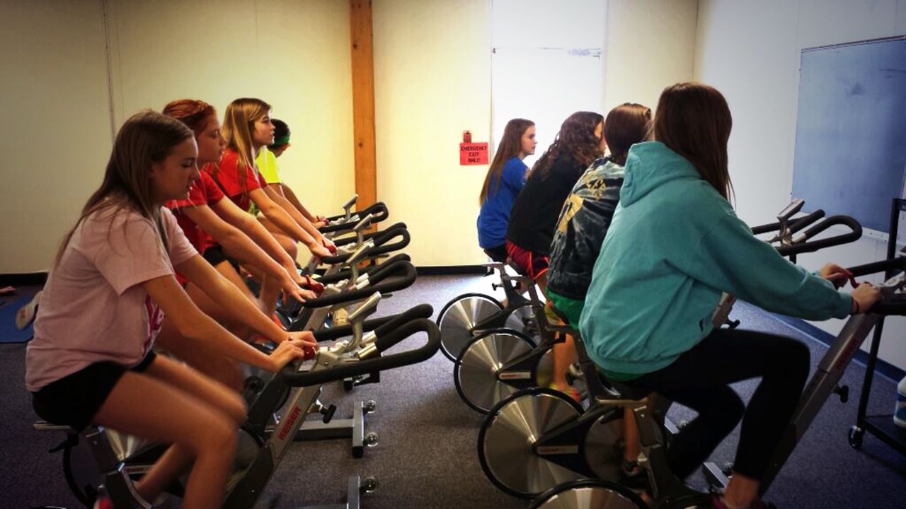 Students at  at Merton Intermediate School in Wisconsin participate in a spin class. 