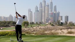 DUBAI, UNITED ARAB EMIRATES - JANUARY 28: Tiger Woods of United States tees off on the eighth hole during the Champions Challenge as a preview for the 2014 Omega Dubai Desert Classic on January 28, 2014 in Dubai, United Arab Emirates.