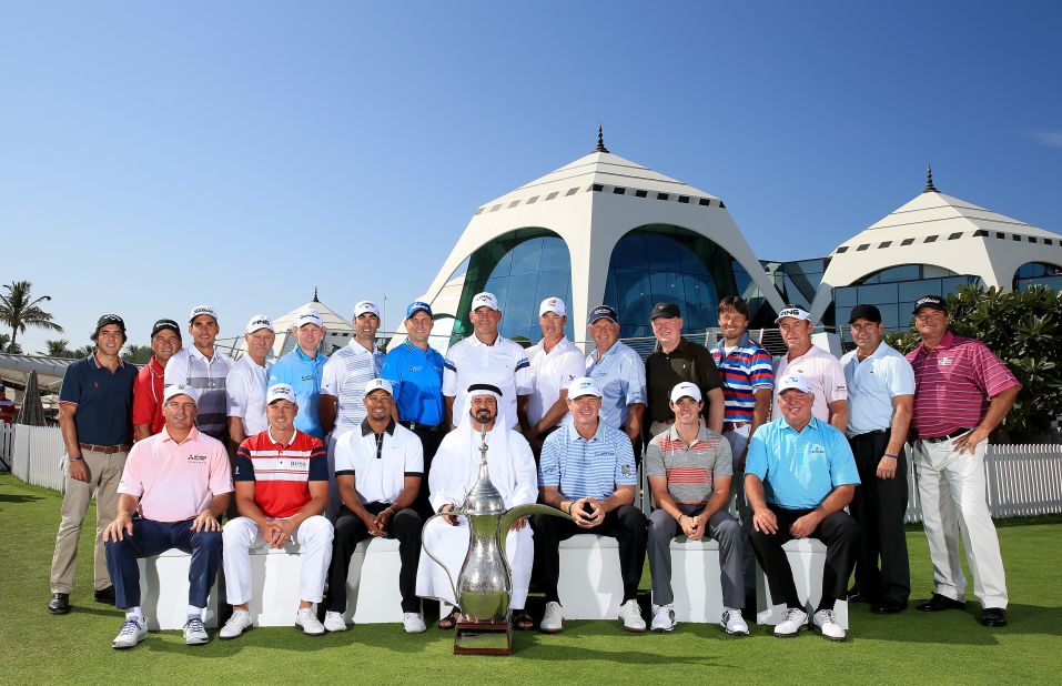 Other former winners include Ernie Els, Rory McIlroy, Colin Montgomerie and Spanish duo Jose Maria Olazabal and Miguel Angel Jimenez, with the champions posing with the distinct trophy alongside Mohamed Juma Buamaim, the vice-chairman and CEO of Golf In Dubai. 