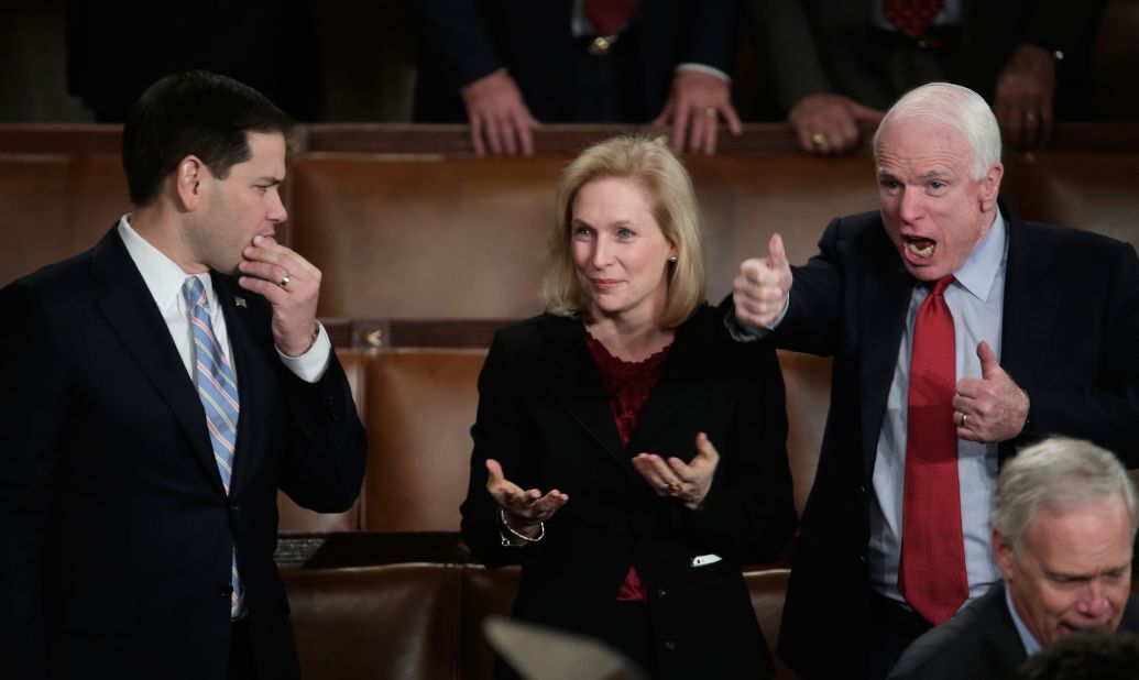 From left, U.S. Sen. Marco Rubio, R-Florida; U.S. Sen. Kirsten Gillibrand, D-New York; and U.S. Sen. John McCain, R-Arizona, wait for Obama's speech.