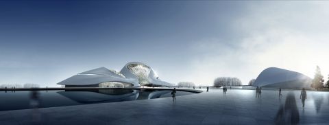 <em>Harbin Cultural Center</em><br /><br />This curvy, organic structure, designed by <a href="http://www.i-mad.com/" target="_blank" target="_blank">MAD Architects</a>, is located in the northeast of China and surrounded by rivers. Unlike most other centers of culture, it is not based in the heart of the city, but aims to join art and nature in an integrated environment. 