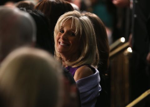Jill Biden, wife of Vice President Joe Biden, showed up at the State of the Union address with her left arm in a sling. Biden broke her wrist in a fall last week, the White House said. She'll wear a cast for about six weeks.