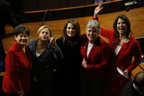 The wage gap between men and women was highlighted in  President Barack Obama's State of the Union address.  From left, Rep. Lois Frankel, D-Florida, Rep. Ileane Ros-Lehtinen, R-Florida, Rep. Michele Bachmann, R-Minnesota, Rep. Julia Brownley, D-California, and Rep. Cheri Bustos, D-Illinois.