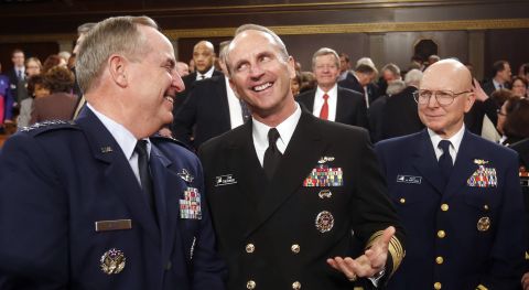 Air Force Chief of Staff Gen. Mark Welsh, from left, Chief of Naval Operations Jon Greenert, Coast Guard Commandant Adm. Robert Papp arrive for President Barack Obama's State of the Union address.