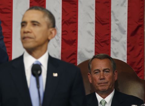 House Speaker John Boehner looks on as President Barack Obama delivers his State of the Union address. 