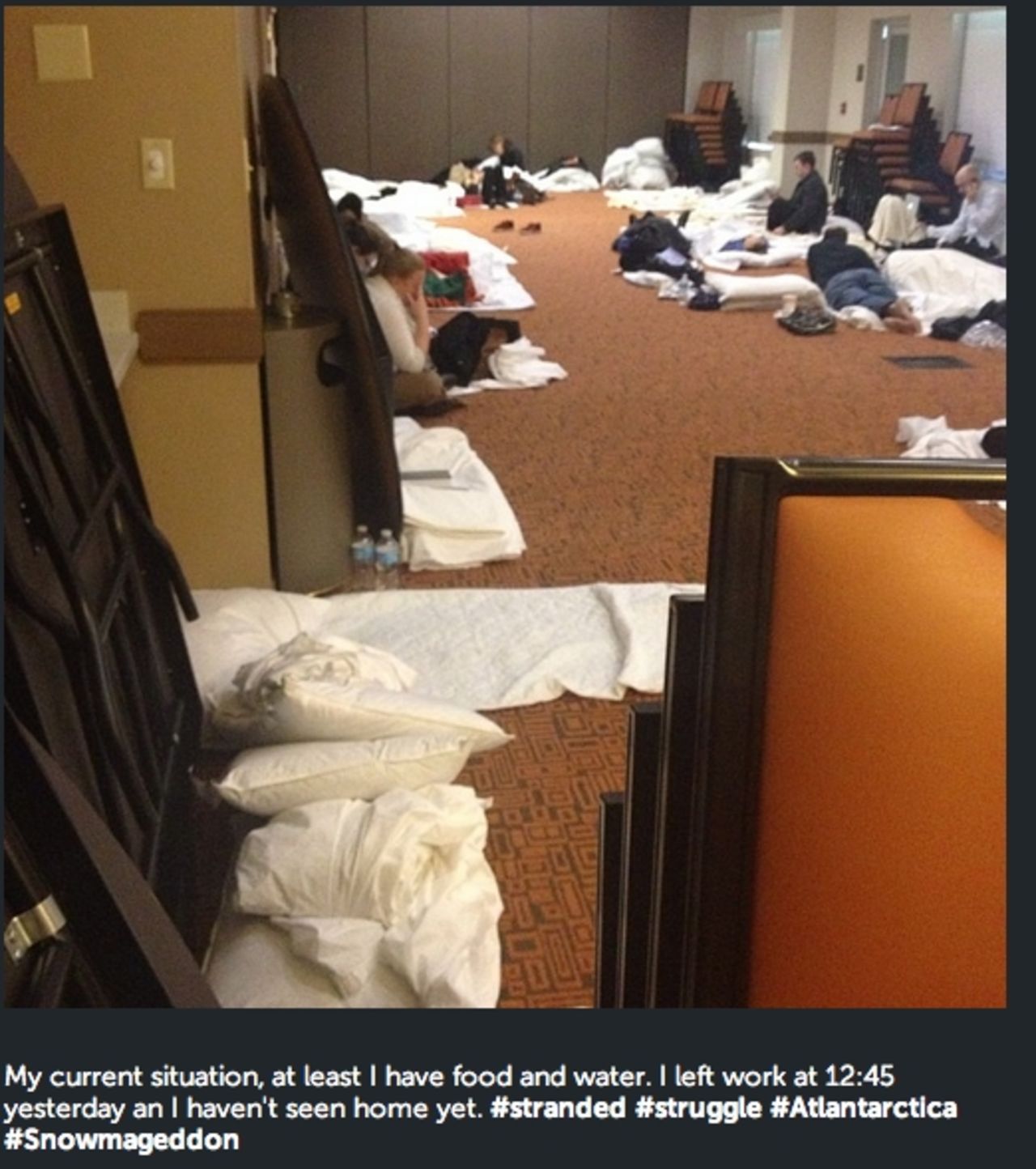 <a href="http://ireport.cnn.com/docs/DOC-1079529">Keshia Owen </a>camped out at HYATT house Atlanta/Cobb Galleria after she could not make it home Tuesday. "I left work at 12:45 yesterday and haven't seen home yet," said Owen.