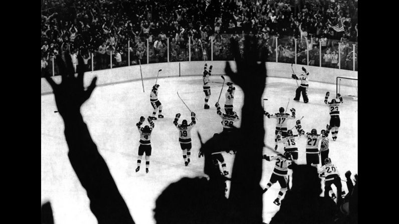 The U.S. hockey team celebrates its 4-3 victory over the Soviet Union at the 1980 Winter Olympics in Lake Placid in a game dubbed "the Miracle on Ice." The United States went on to win the gold medal by defeating Finland 4-2. 