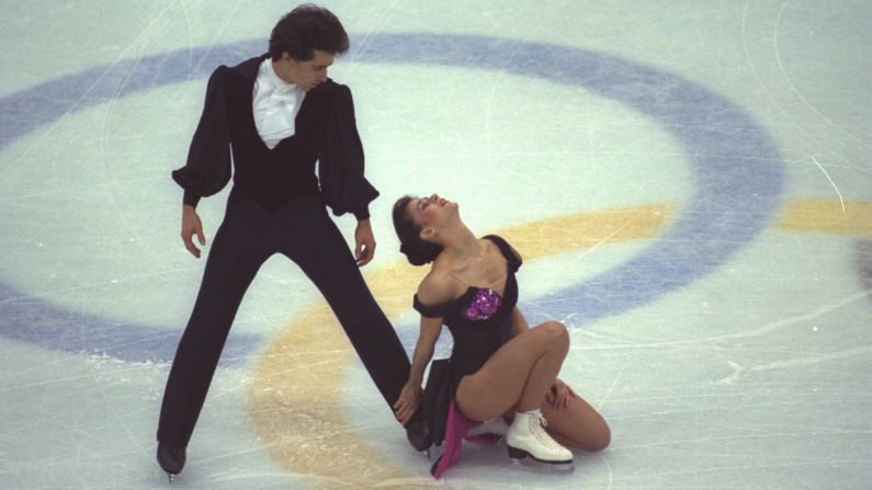 Paul Duchesnay and sister Isabelle Duchesnay-Dean of France perform their routine during the compulsory dance section of the ice dancing competition in Albertville in 1992. 