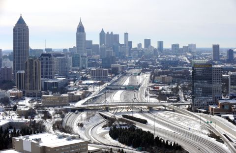 The ice-covered interstate highways running through Atlanta appear empty on January 29.