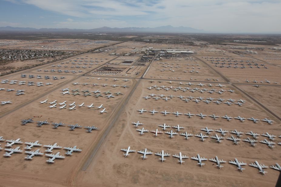 <strong>Boneyard visit: </strong>Visitors to Pima can book on a bus tour of the US government and military's 2,600-acre aircraft boneyard, pictured, where planes go at the end of their life.