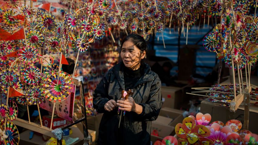 To go with HongKong-China-NewYear-astrology-lifestyle by Aaron TAM 
In this picture taken on January 27, 2014, a woman waits for customers at a stall of a Chinese New Year fair in Hong Kong. With the Year of the Snake slithering into history, they say that the incoming Lunar New Year beginning on January 31 is going to be the kind of horse that you shouldn't stand behind -- because it incorporates the volatile element of fire. AFP PHOTO / Philippe LopezPHILIPPE LOPEZ/AFP/Getty Images