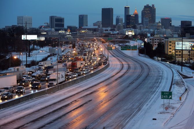 As dawn breaks on January 29, southbound traffic is at a standstill near downtown Atlanta.