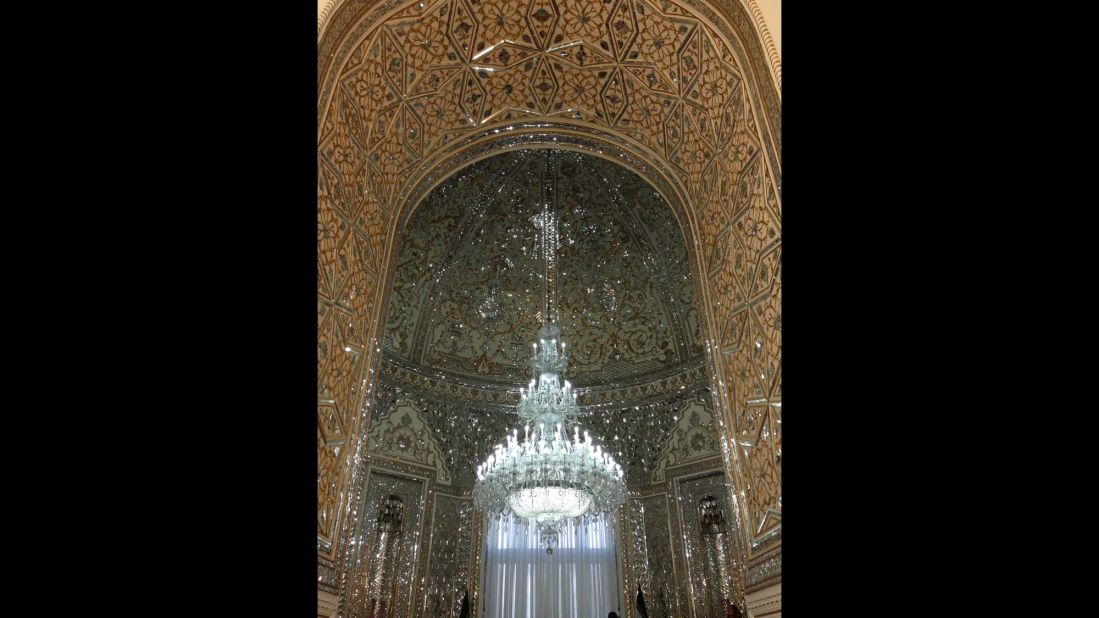 The Hall of Mirrors inside the Foreign Ministry in Iran.  This room is just to the side of the reception hall where foreign ministers of other countries are received.  A massive chandelier is at its center and the walls of this room are lined with intricate glass patterns.  Photo by CNN's Jim Sciutto.  Follow Jim (<a href="http://instagram.com/jimsciutto" target="_blank" target="_blank">@jimsciutto</a>) on Instagram for more photos from inside Iran.