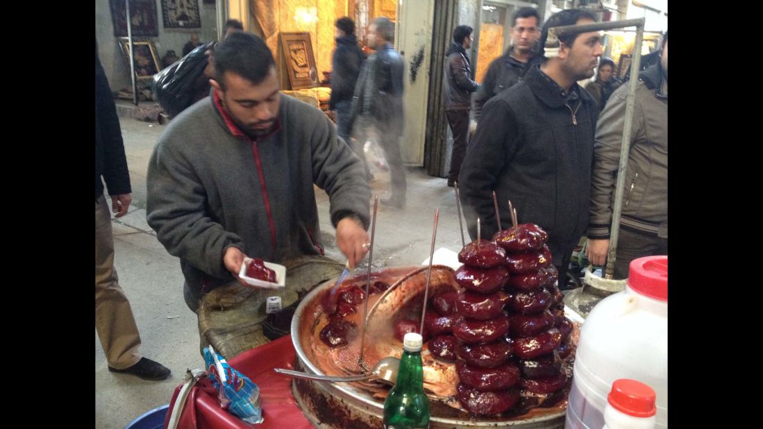 A street vendor sells Persian sugar beet snacks (laboo) in Tehran's main bazaar - peeled, boiled beets skewered one on top of another in a cart, hot to the touch.  Photo by CNN's Jennifer Rizzo.  <a href="http://instagram.com/p/jmIBhBPKDp/" target="_blank" target="_blank">WATCH THE INSTAGRAM VIDEO </a>  by CNN's Jim Sciutto as he samples this Persian delicacy.  Follow Jim (<a href="http://instagram.com/jimsciutto" target="_blank" target="_blank">@jimsciutto</a>) on Instagram for more photos from inside Iran.