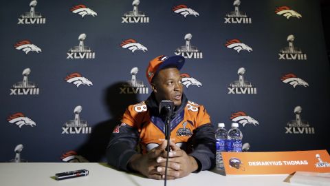 Broncos wide receiver Demaryius Thomas talks with reporters during a Super Bowl XLVIII news conference in Jersey City, New Jersey, on Thursday, January 30.