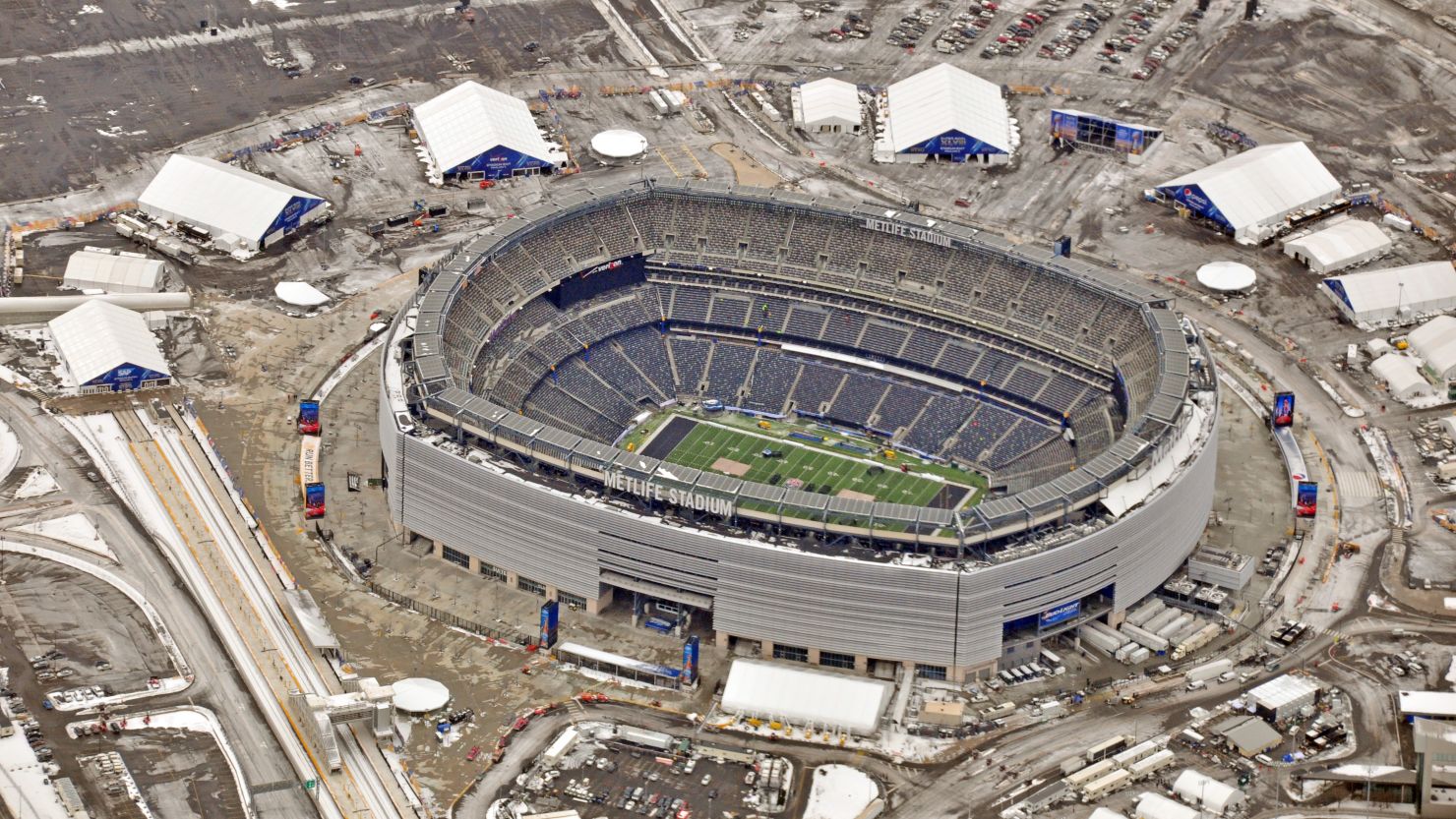 An aerial view shows MetLife Stadium this week as crews ready the East Rutherford, New Jersey, venue for Super Bowl XLVIII.