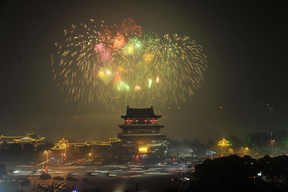 Fireworks light up the sky to mark the Lunar New Year late on January 30 in Changsha, the capital of central China's Hunan province.
