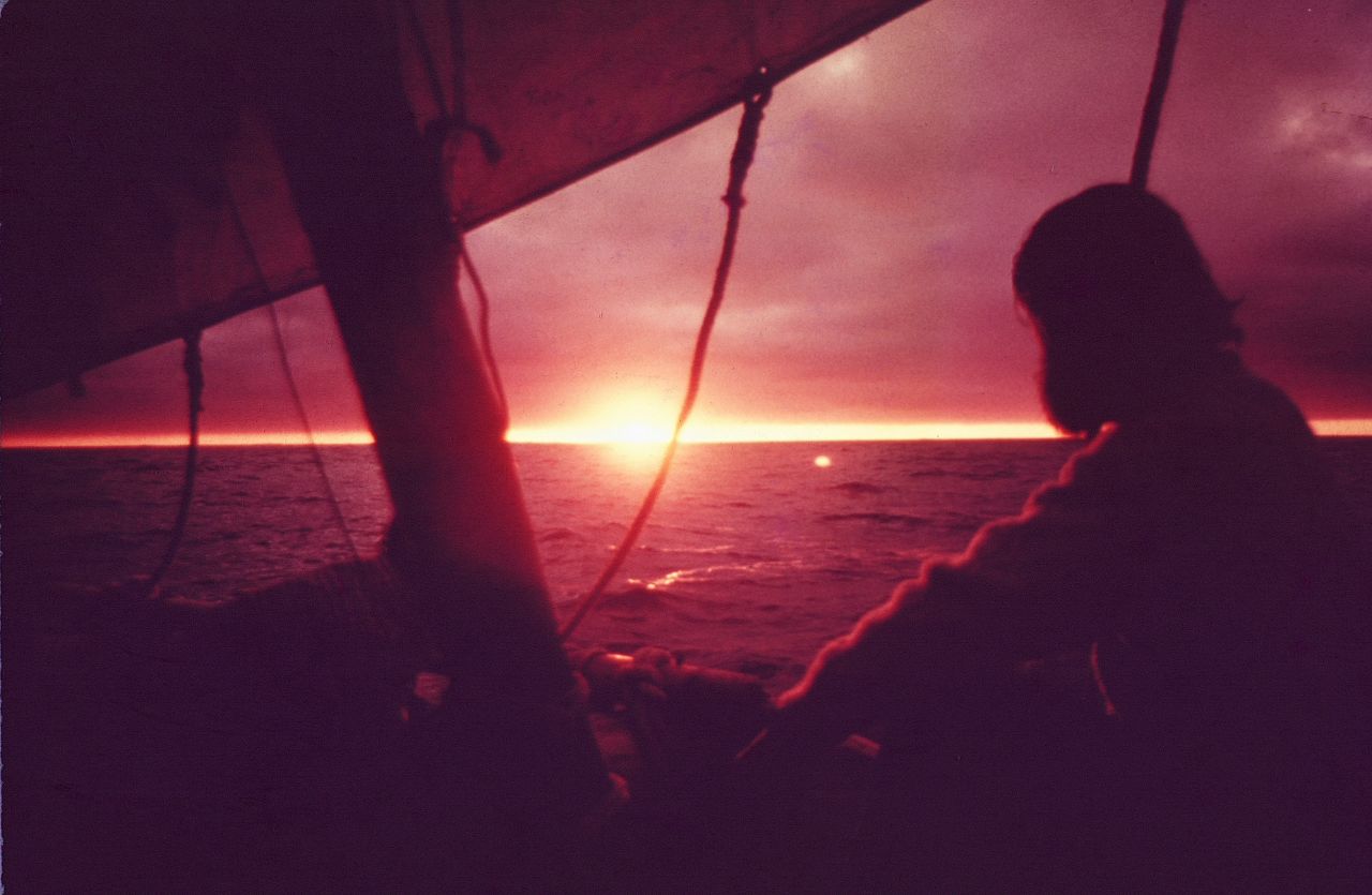 The sun approaches the horizon over the Pacific Ocean. According to Las Balsas explorer Mike Fitzgibbons, the sunrises and sunsets over the Pacific were some of the most beautiful he has ever seen.