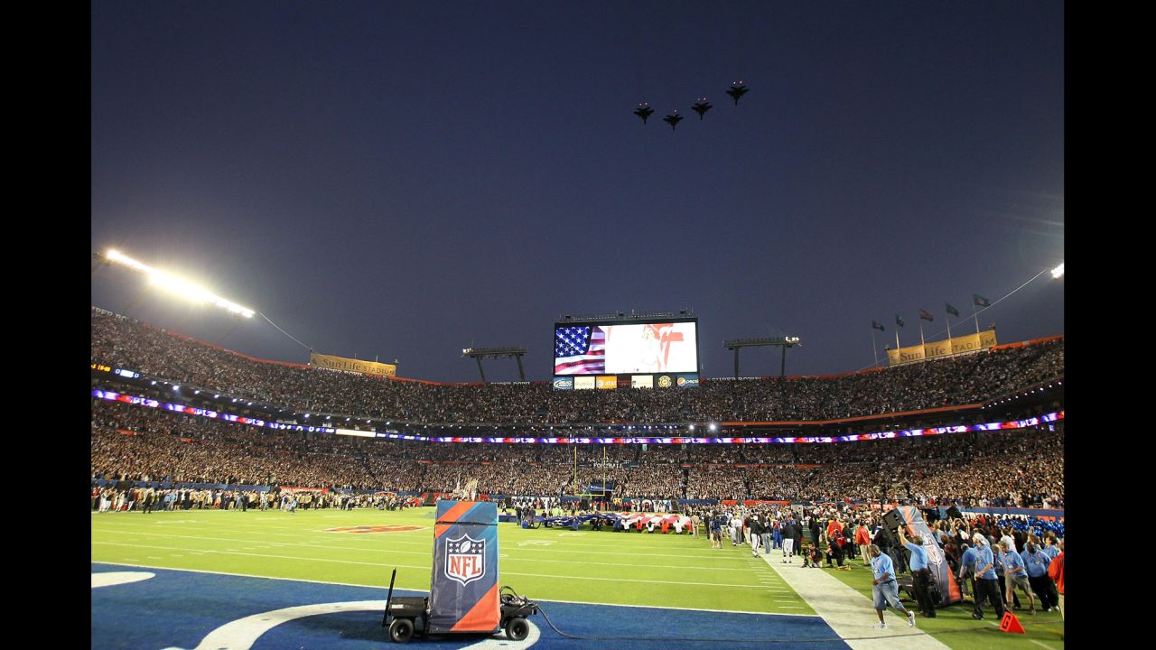 Military flyovers at previous Super Bowls include 2010's matchup between the New Orleans Saints and the Indianapolis Colts, when jets flew over Sun Life Stadium in Miami Gardens, Florida.