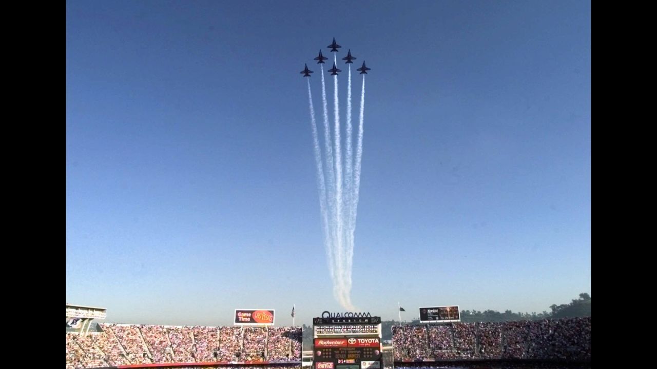 The Navy's Blue Angels fly over Qualcomm Stadium in San Diego before Super Bowl XXXII in 1998.