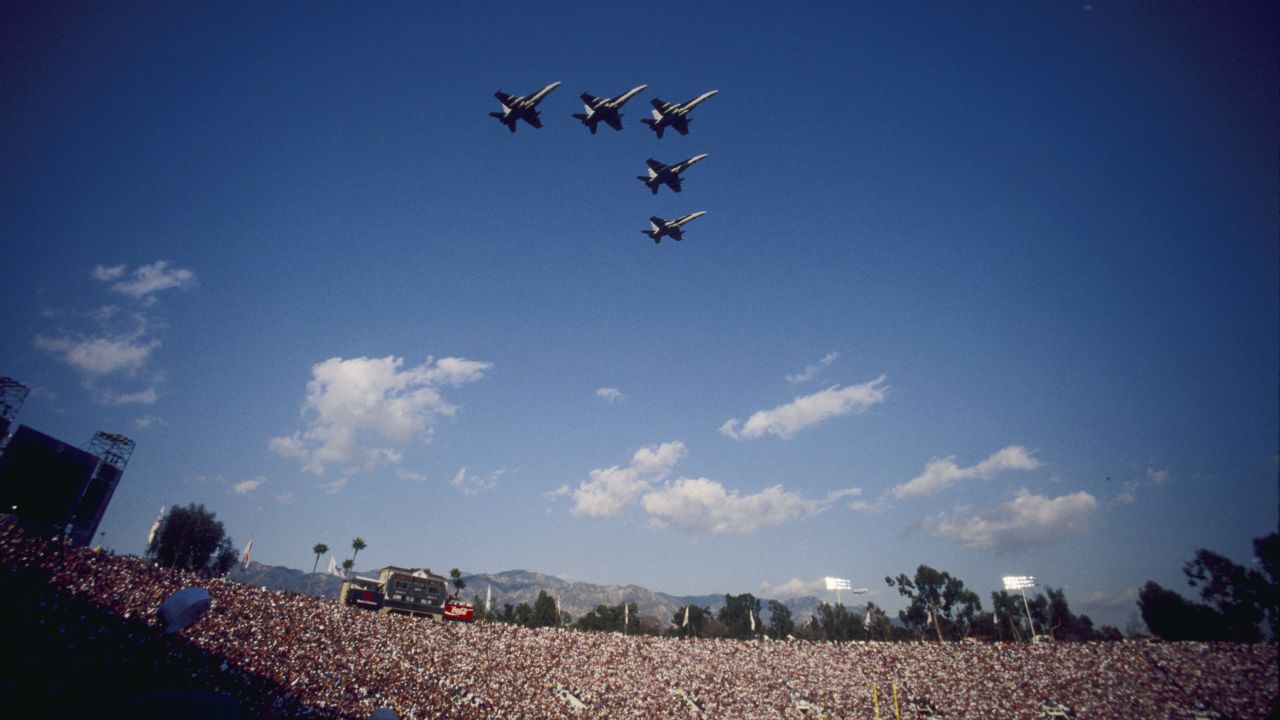 A V-shaped wedge formation soars above the Rose Bowl in Pasadena, California, the site of Super Bowl XXVII in 1993.