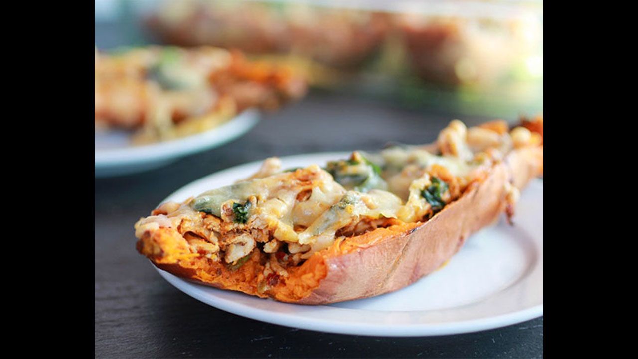 Potato skins are a must-have for the Big Game. These <a href="http://www.halfbakedharvest.com/healthy-chipotle-chicken-sweet-potato-skins/" target="_blank" target="_blank">chipotle chicken sweet potato skins</a> feature sweet potatoes, which are lower in calories and higher in fiber, paired with low-fat cheese.