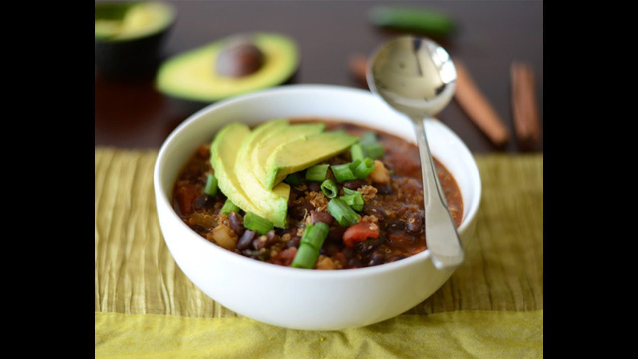 Nutritional superstar quinoa has a starring role in <a href="http://fitfoodiefinds.com/2013/09/black-bean-quinoa-chili/" target="_blank" target="_blank">this black bean and quinoa chili</a> recipe, alongside diced tomatoes, herbs and spices. 