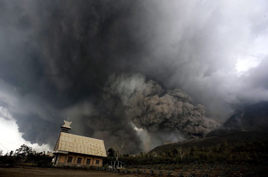 Mount Sinabung fills the sky over Karo, North Sumatra, Indonesia, with smoke and ash as it erupts on Saturday, February 1.