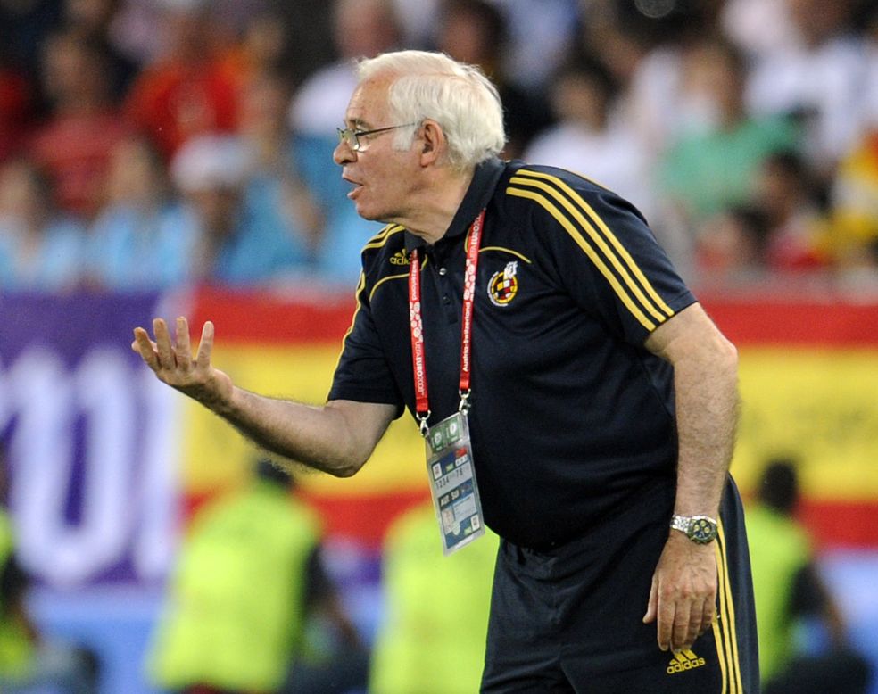 Luis Aragones gestures during his finest moment as Spain's national football coach -- victory over Germany in the final of Euro 2008. 
