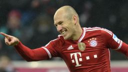 Arjen Robben celebrates after scoring Bayern Munich's third in the 5-0 rout of Eintracht Frankfurt at the Allianz Arena.