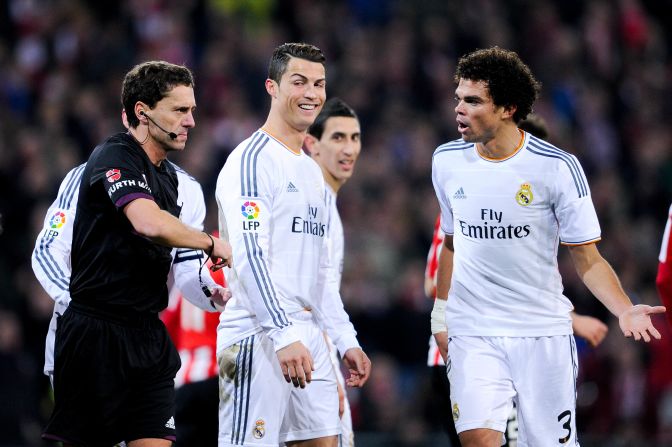 Cristiano Ronaldo raises an ironic smile after being shown a red card by the referee Ayza Gamez during Real's 1-1 draw at Athletic Bilbao.