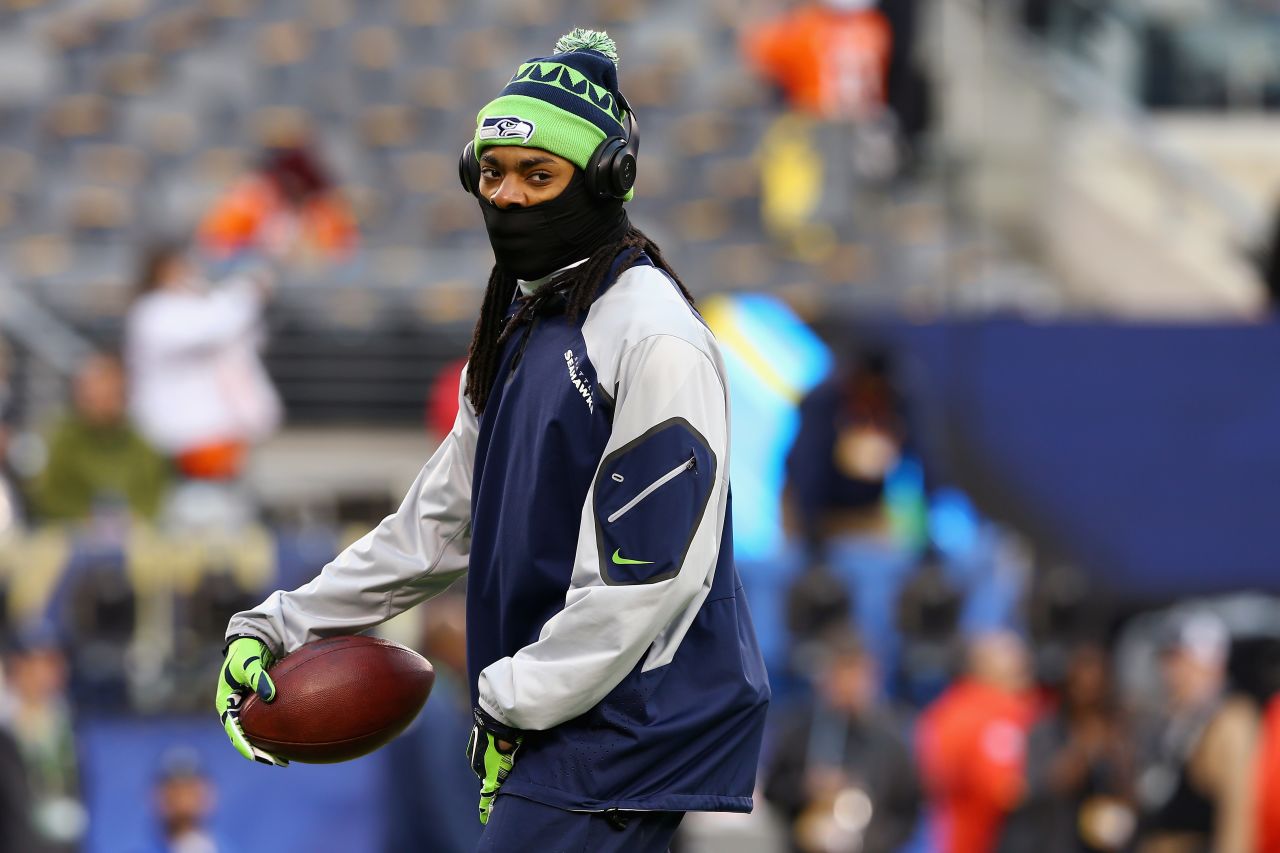 Seattle's controversial cornerback Richard Sherman was well protected against the New Jersey elements prior to the showdown. 