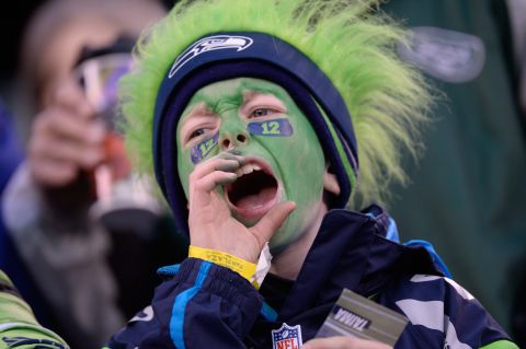 A young Seahawks fan is dressed for the occasion as he supports his team at Super Bowl XLVII. 