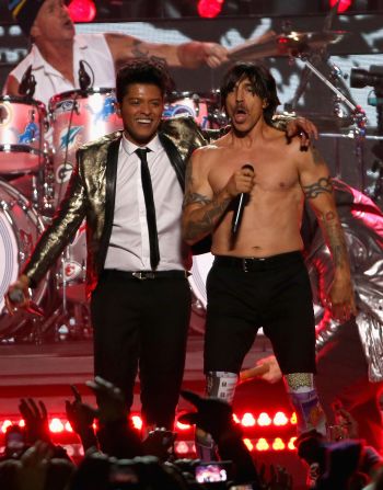 Bruno Mars and Anthony Kiedis of the Red Hot Chili Peppers join forces during the Super Bowl XLVIII halftime show in New Jersey.