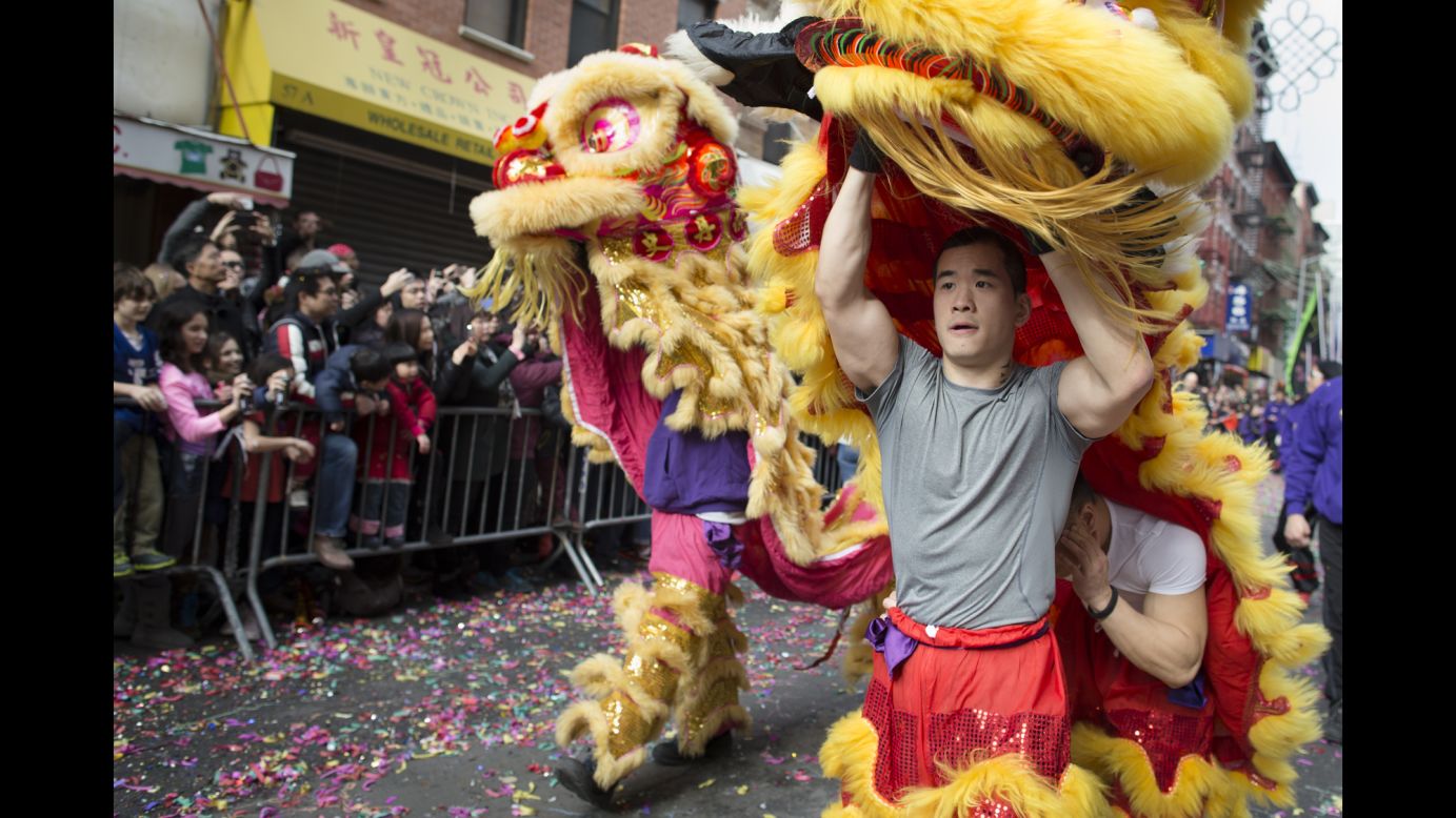 Performers in New York City march in the Chinatown Lunar New Year Parade and Festival on February 2.