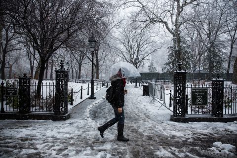 A woman walks through Washington Square Park as snow falls in New York on February 3.
