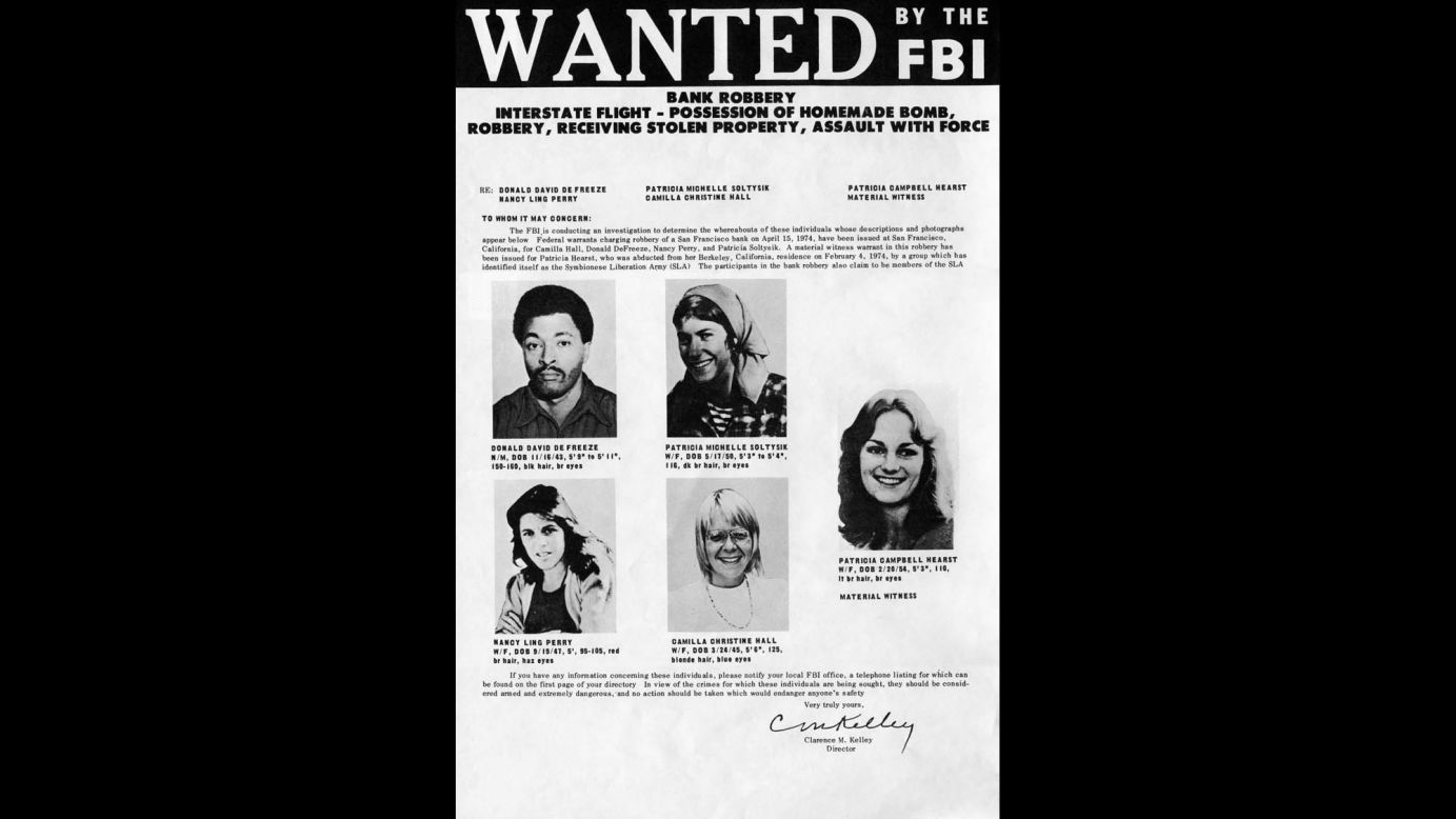 Four days after the robbery, the FBI released this wanted poster, featuring Hearst, far right, as a material witness, among other SLA members suspected of taking part in the heist. SLA leader Donald DeFreeze is at top left.