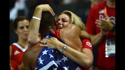 U.S. athlete Ashton Eaton celebrates with his mother, Roselyn, after he won the decathlon during the 2012 Olympic Games in London.