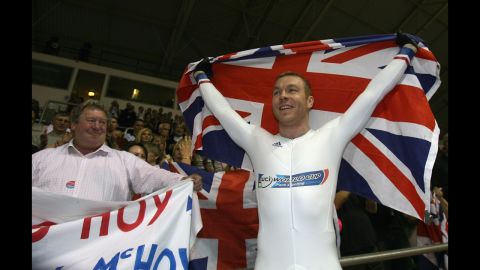 British cyclist Chris Hoy celebrates with his father, David, after winning the keirin final during the Track Cycling World Championships in England in 2008.