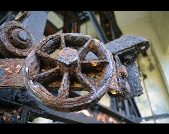A closeup of a part of the large wheel inside the abandoned shop proved intriguing.
