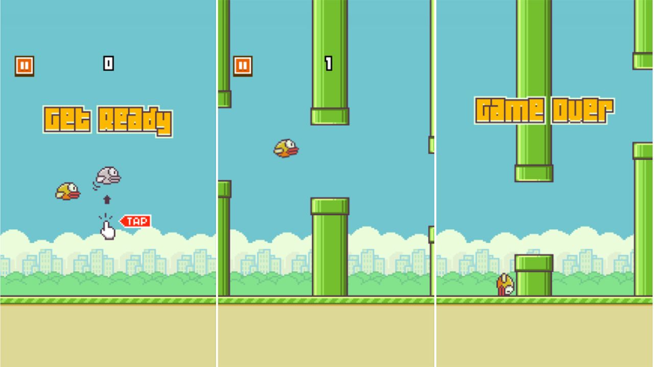 The three stages of the addictive "Flappy Bird" smartphone game: hope, adrenaline and grief. 