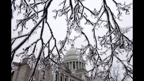 Tree limbs hang heavy with ice in front of the Capitol building in Little Rock, Arkansas, on February 4.