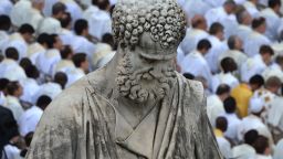 Picture of the statue of St Peter taken during a ceremony of Solemnity of Our Lord Jesus Christ the King at St Peter's square on November 24, 2013 at the Vatican.