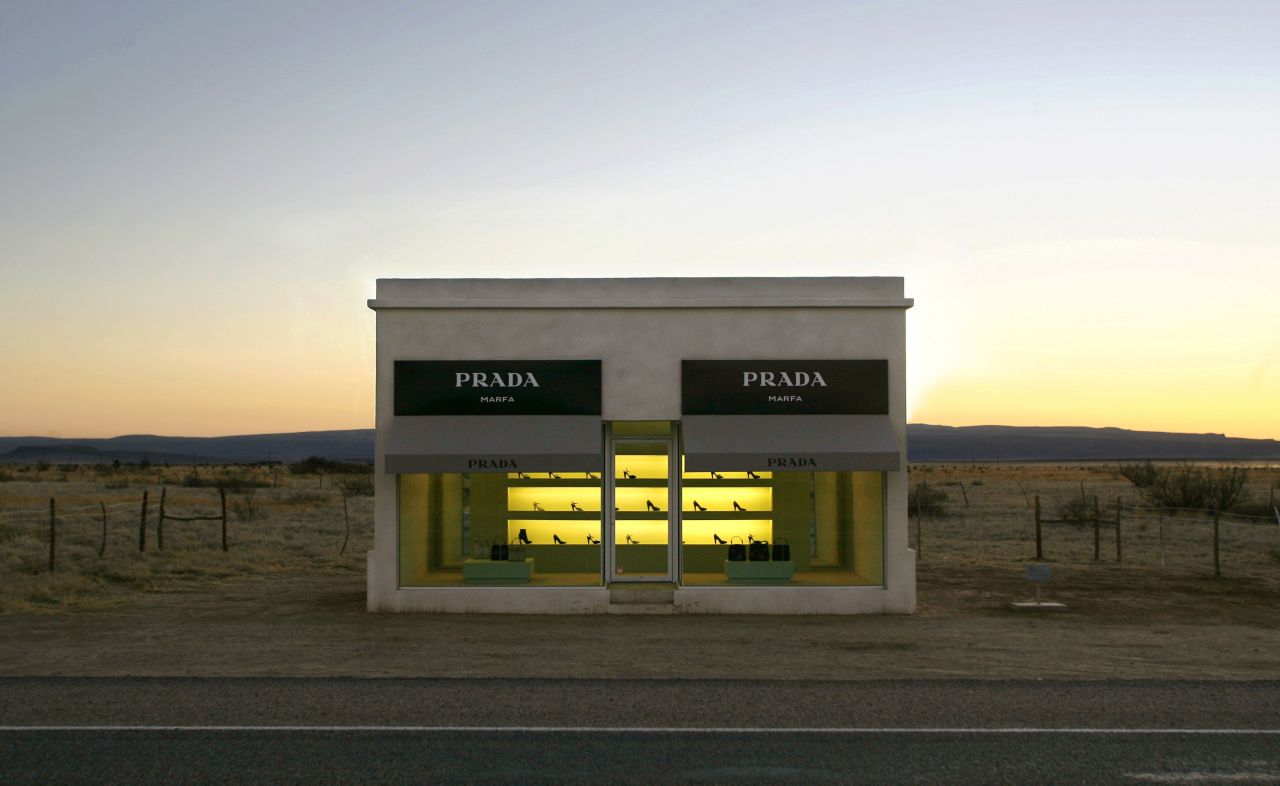 This stucco and adobe Prada Marfa "store," near Valentine, Texas, is actually an art installation created by art duo of Michael Elmgreen and Ingar Dragset.